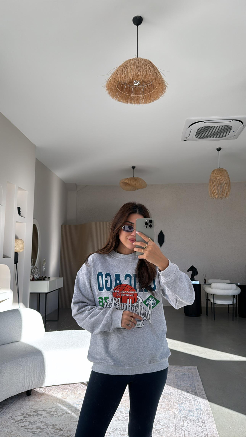 Chicago Yazılı Gri İki İplik Sweatshirt