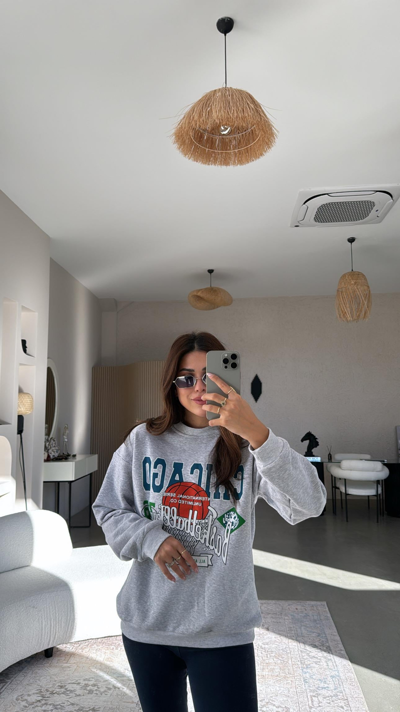 Chicago Yazılı Gri İki İplik Sweatshirt