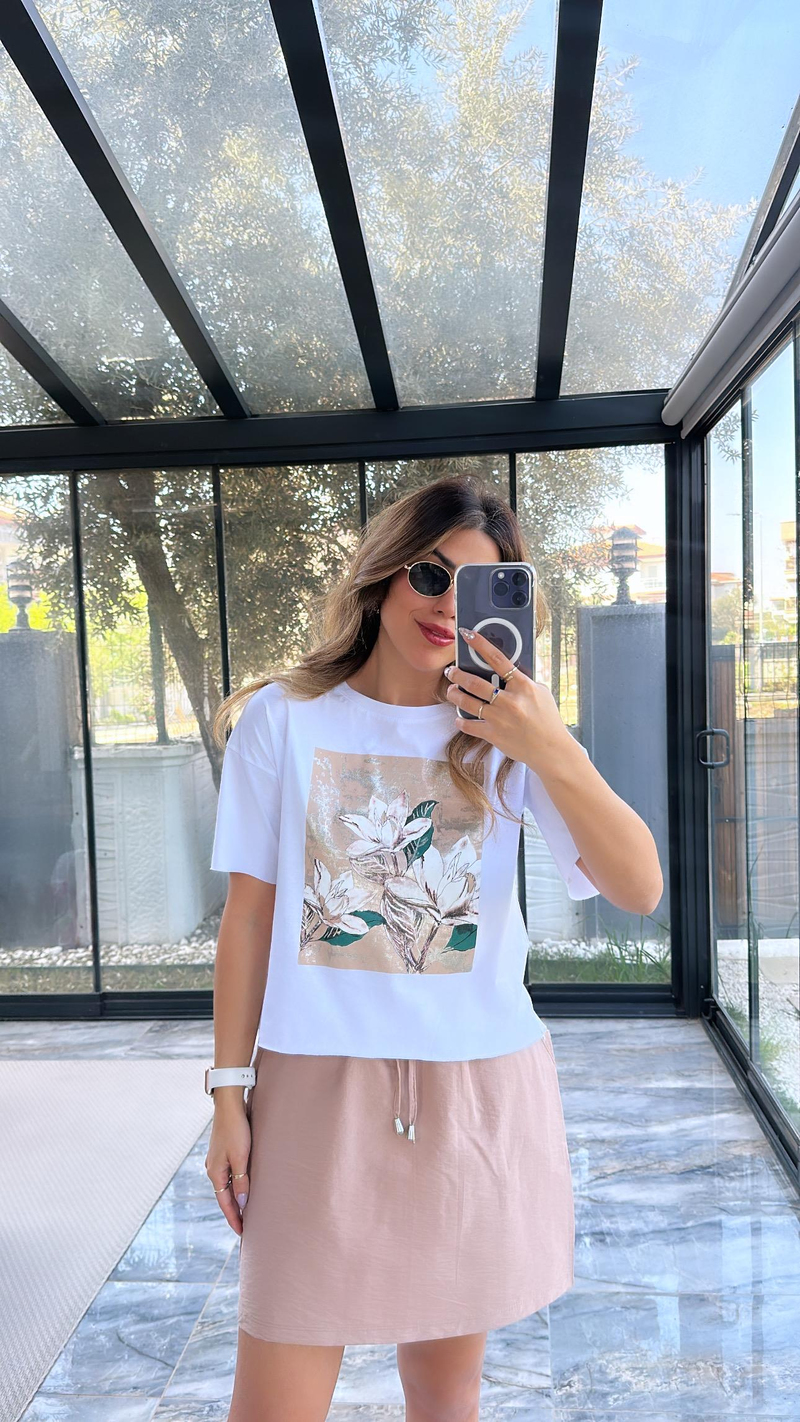 Çiçek Baskılı Bej Etek Tshirt Takım