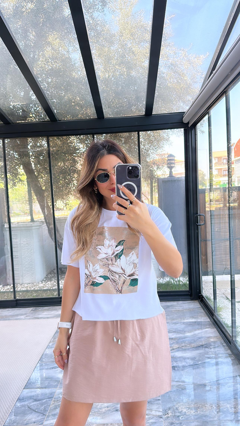 Çiçek Baskılı Bej Etek Tshirt Takım