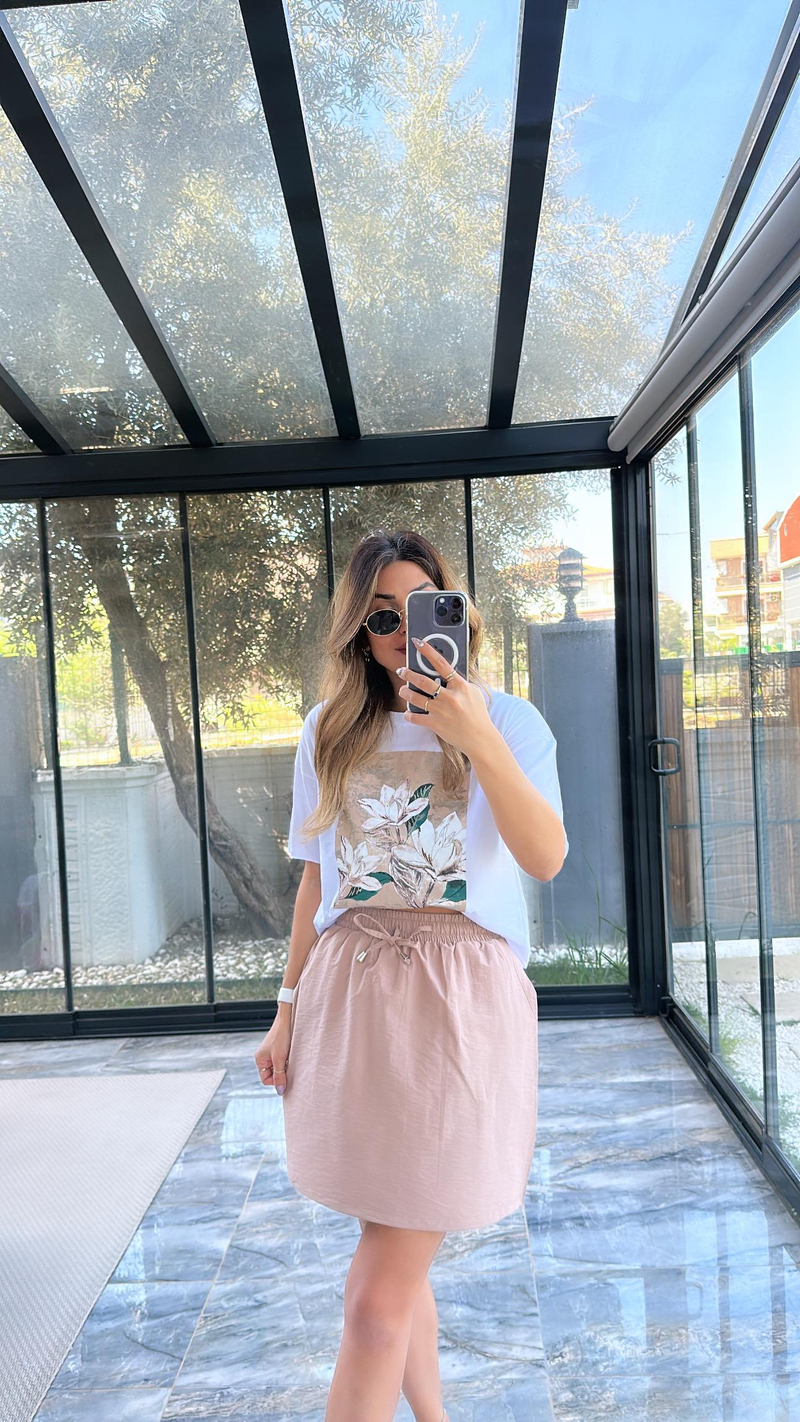 Çiçek Baskılı Bej Etek Tshirt Takım