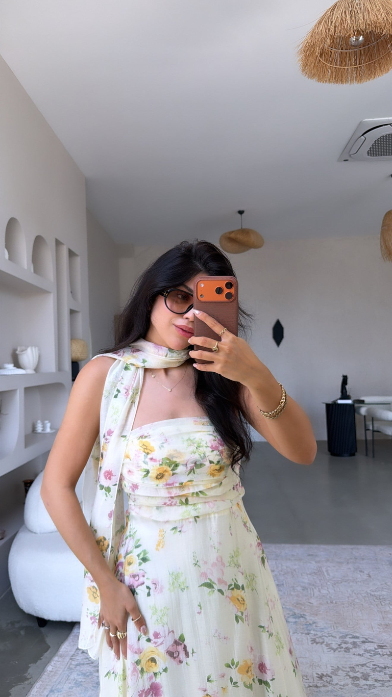 Çiçekli Drapeli Şallı Astarlı Premium Elbise