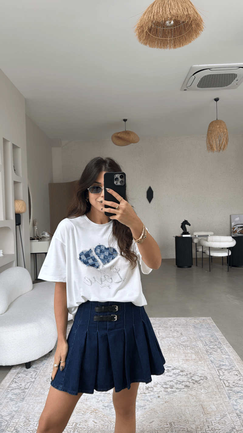 Çift Kemerli Denim Pileli Etek