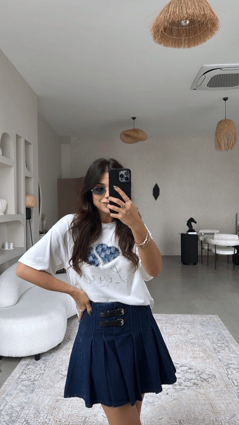Çift Kemerli Denim Pileli Etek