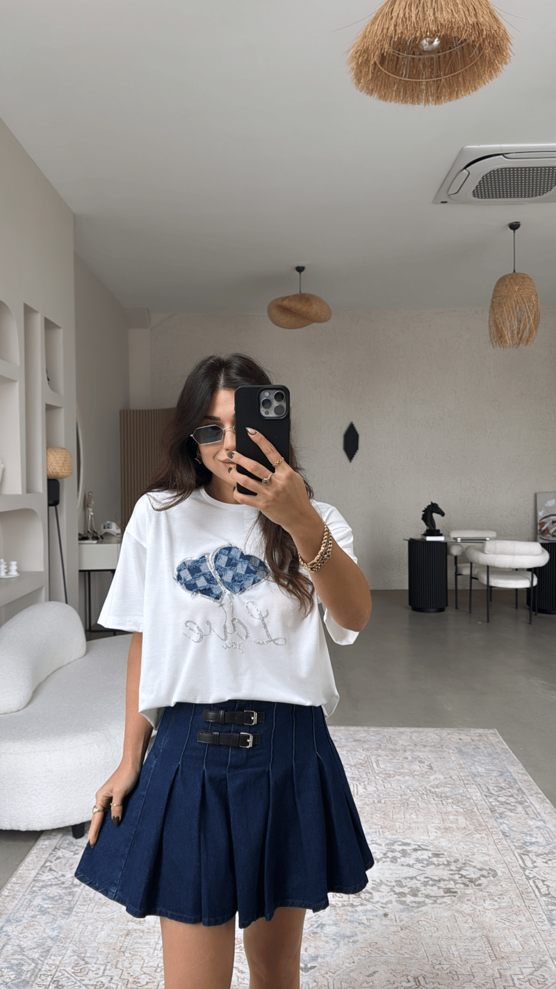 Çift Kemerli Denim Pileli Etek