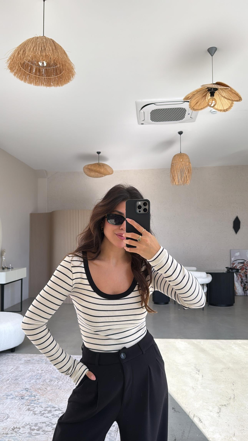 Çizgili Oval Yaka Uzun Kollu Ribana Basic
