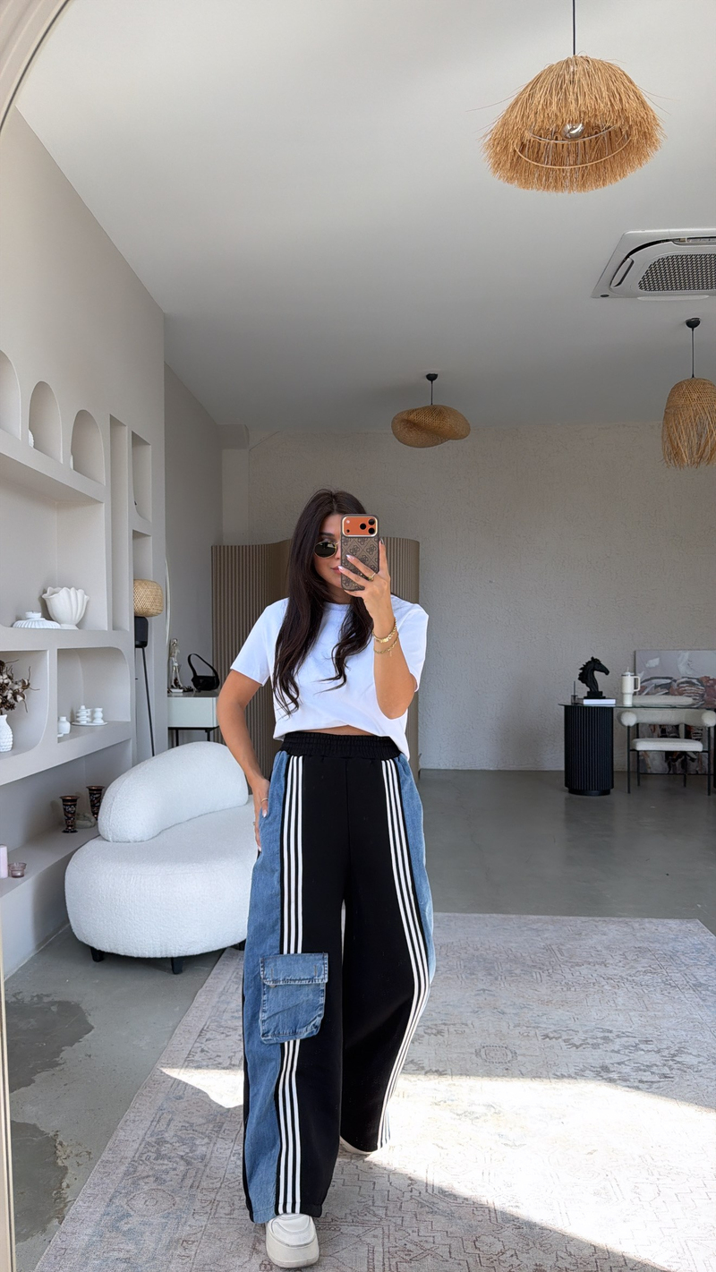 Çizgili Şardonlu Üç İplik Denim Detaylı Kalın Eşofman Altı