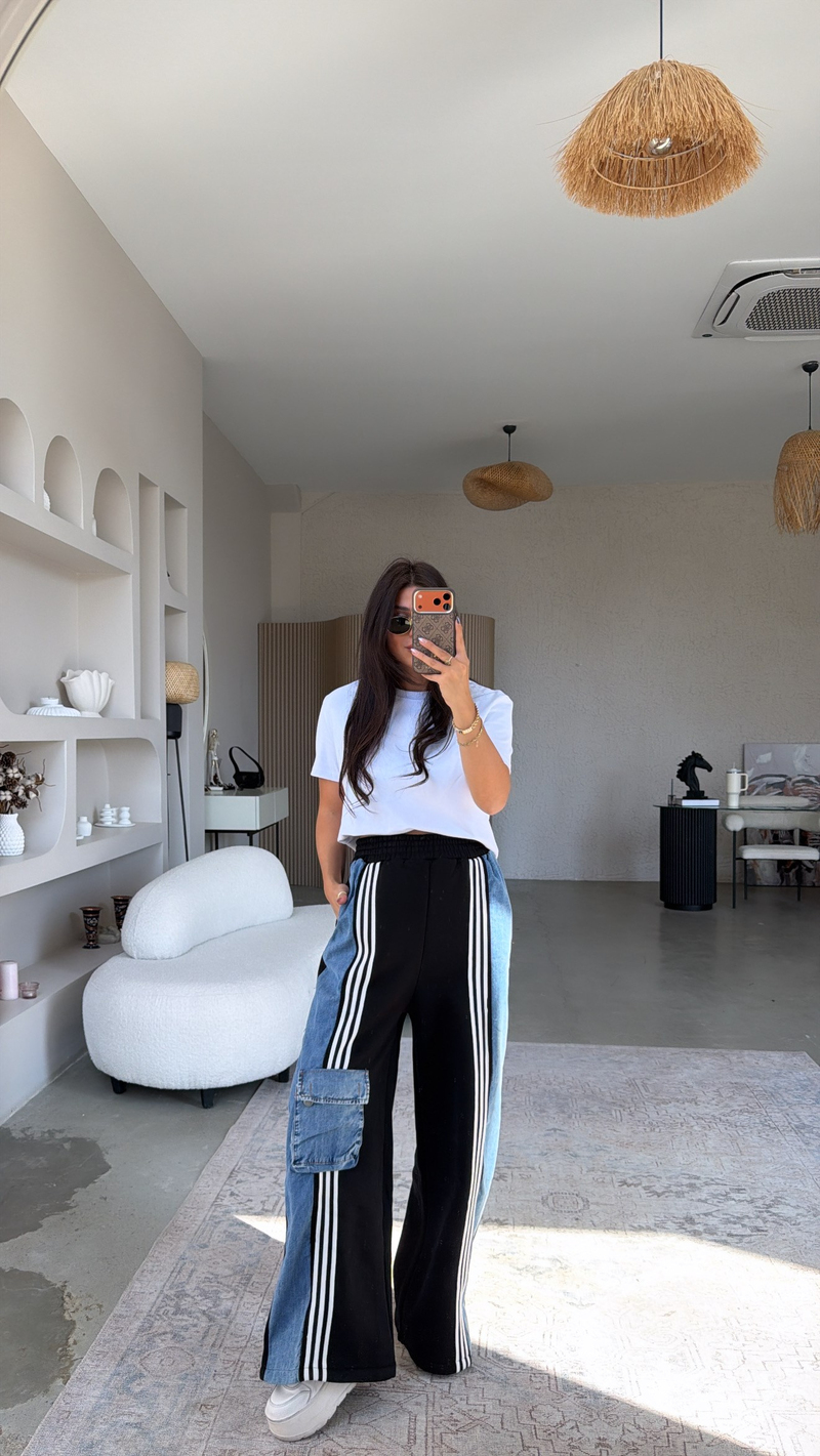 Çizgili Şardonlu Üç İplik Denim Detaylı Kalın Eşofman Altı