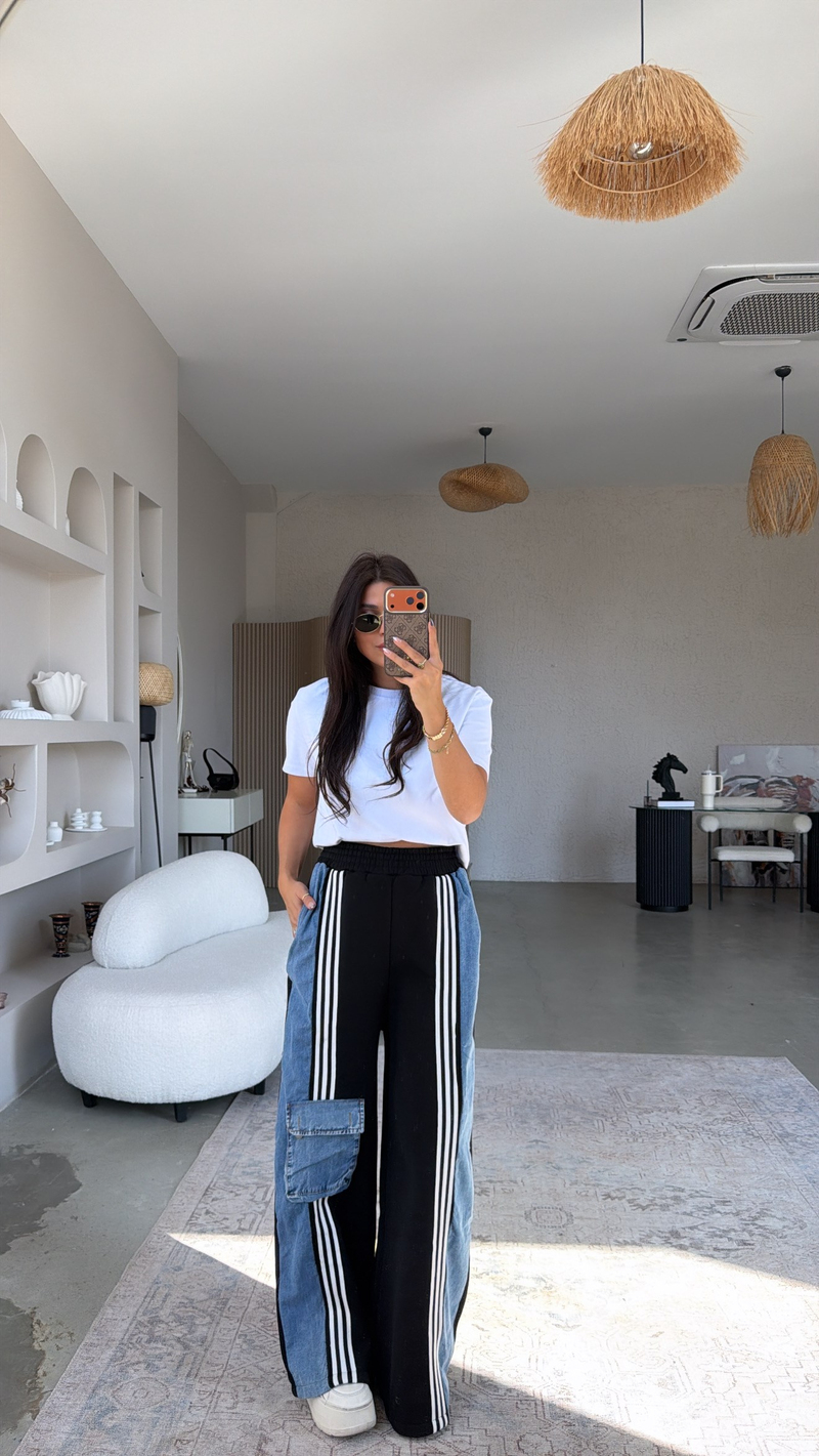 Çizgili Şardonlu Üç İplik Denim Detaylı Kalın Eşofman Altı