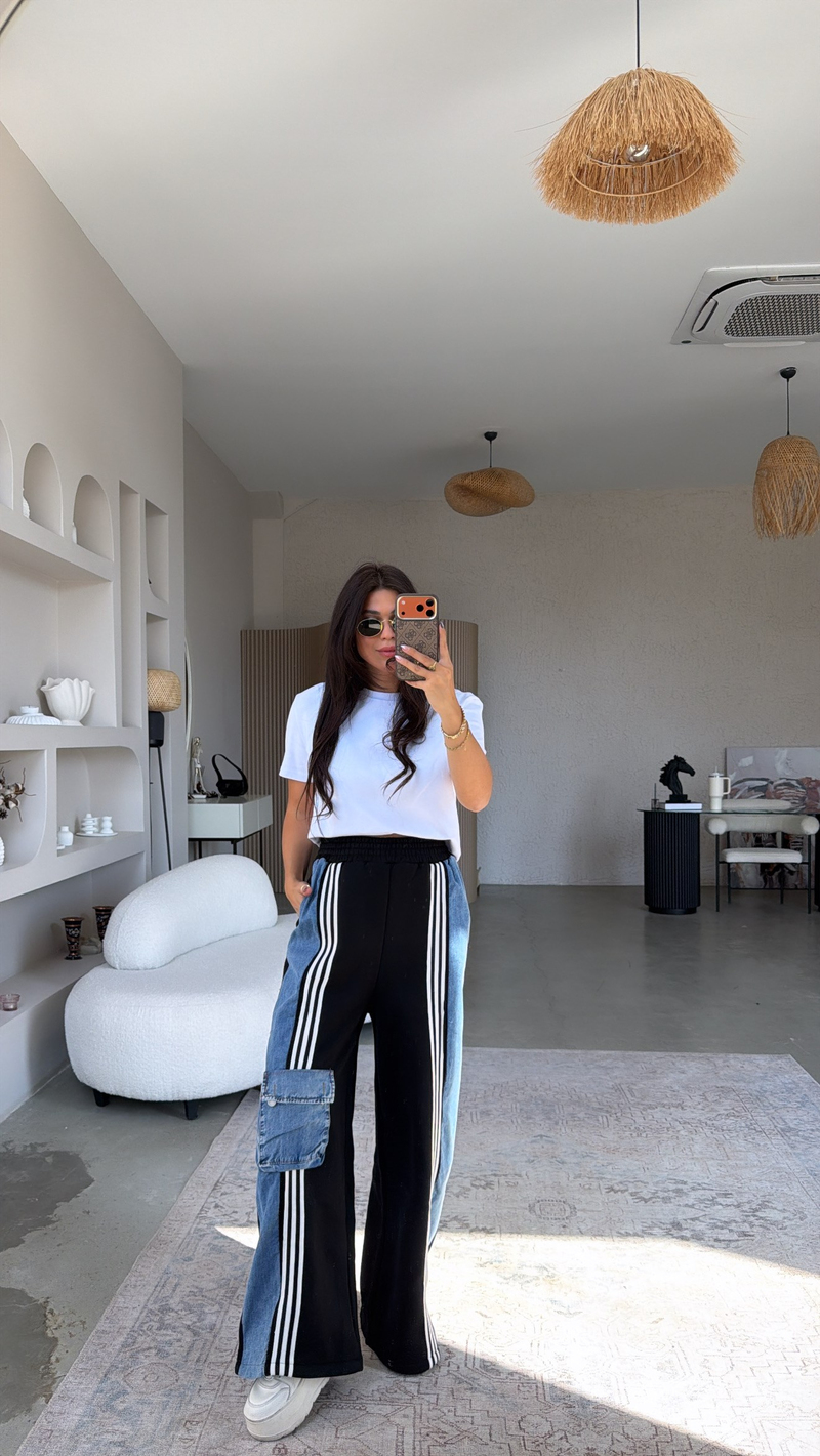 Çizgili Şardonlu Üç İplik Denim Detaylı Kalın Eşofman Altı