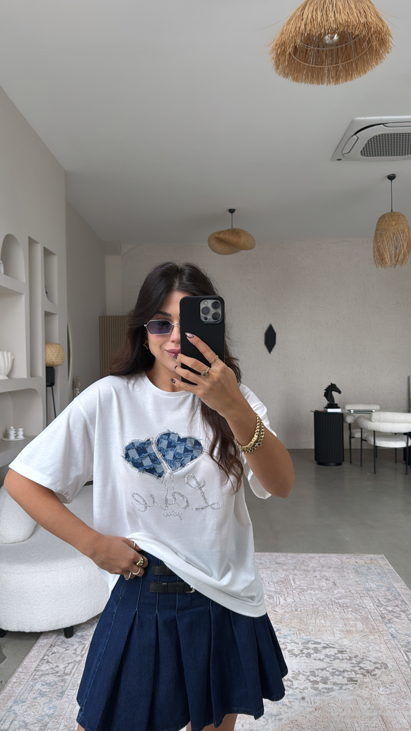 Denim Detaylı Taşlı Pamuklu Tshirt