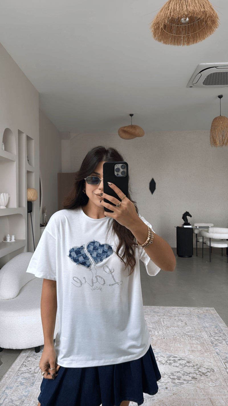 Denim Detaylı Taşlı Pamuklu Tshirt