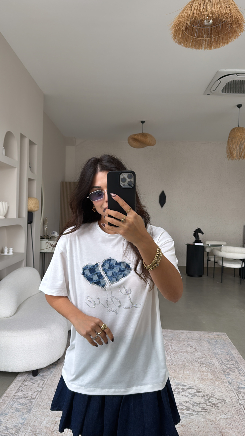 Denim Detaylı Taşlı Pamuklu Tshirt