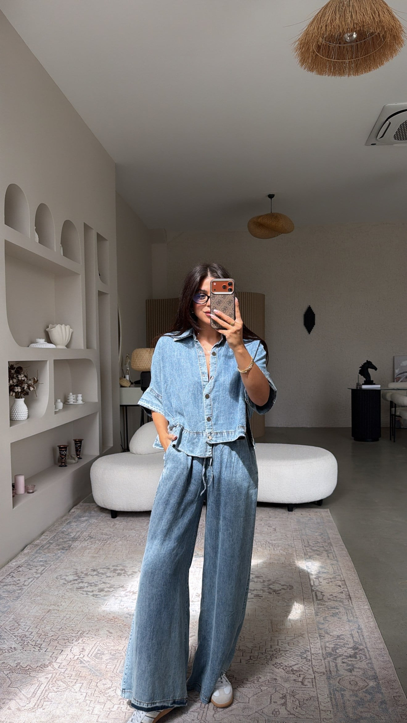 Denim Gümüş Düğmeli Tensel Yıkamalı Takım