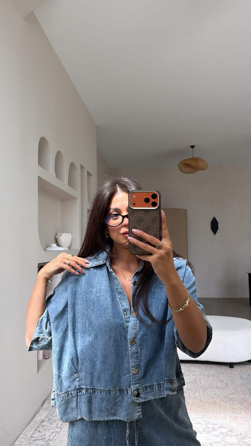 Denim Gümüş Düğmeli Tensel Yıkamalı Takım