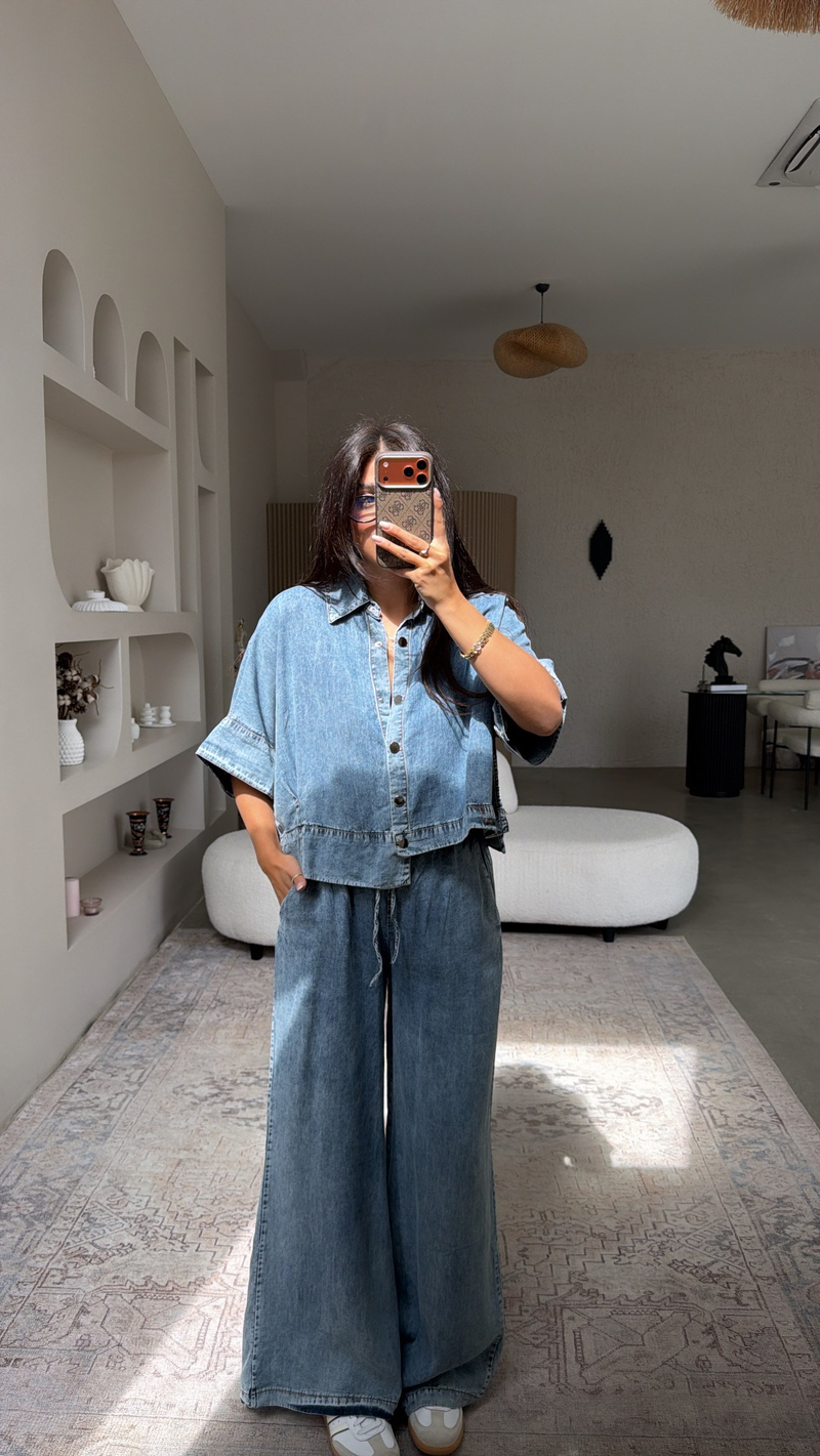 Denim Gümüş Düğmeli Tensel Yıkamalı Takım