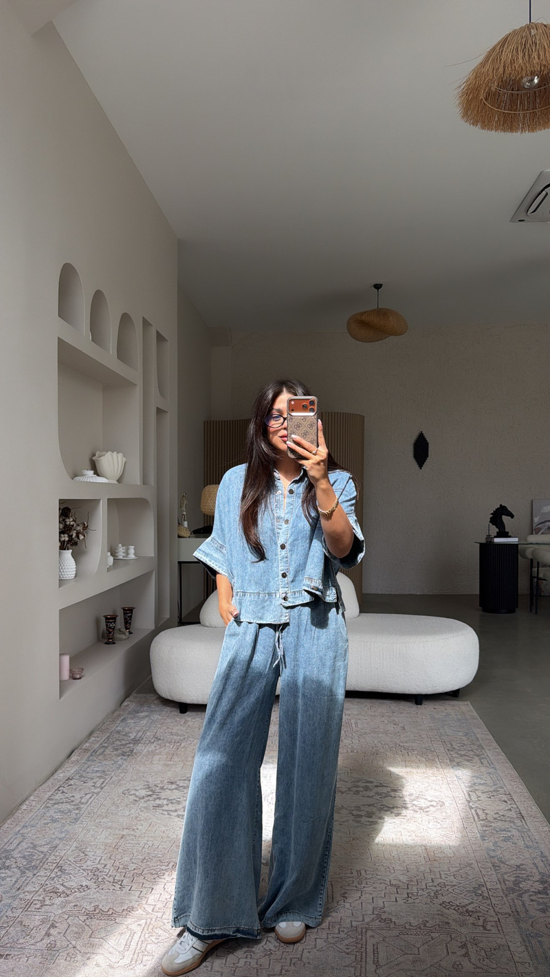 Denim Gümüş Düğmeli Tensel Yıkamalı Takım