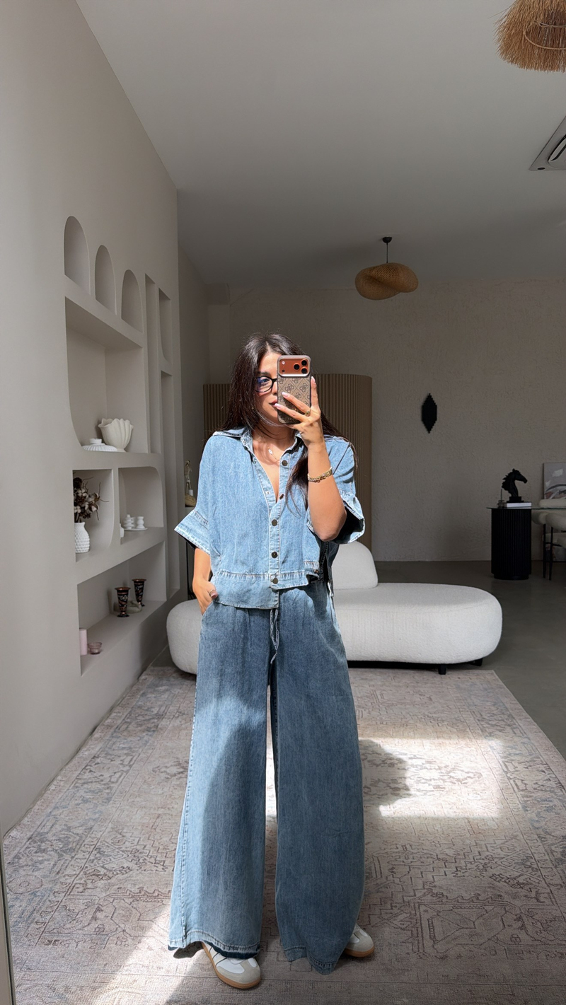 Denim Gümüş Düğmeli Tensel Yıkamalı Takım