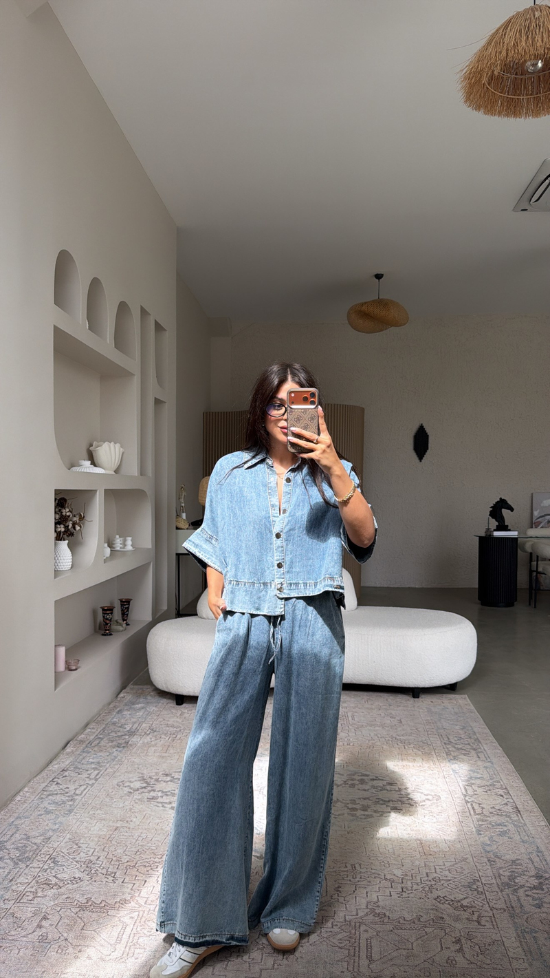 Denim Gümüş Düğmeli Tensel Yıkamalı Takım