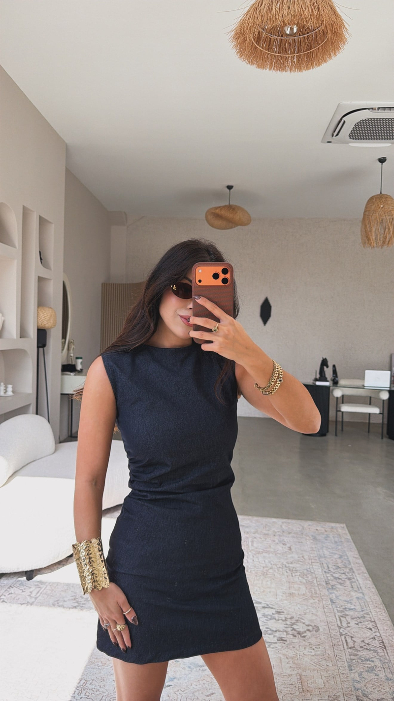 Denim Lacivert Yan Büzgülü Kolsuz Elbise