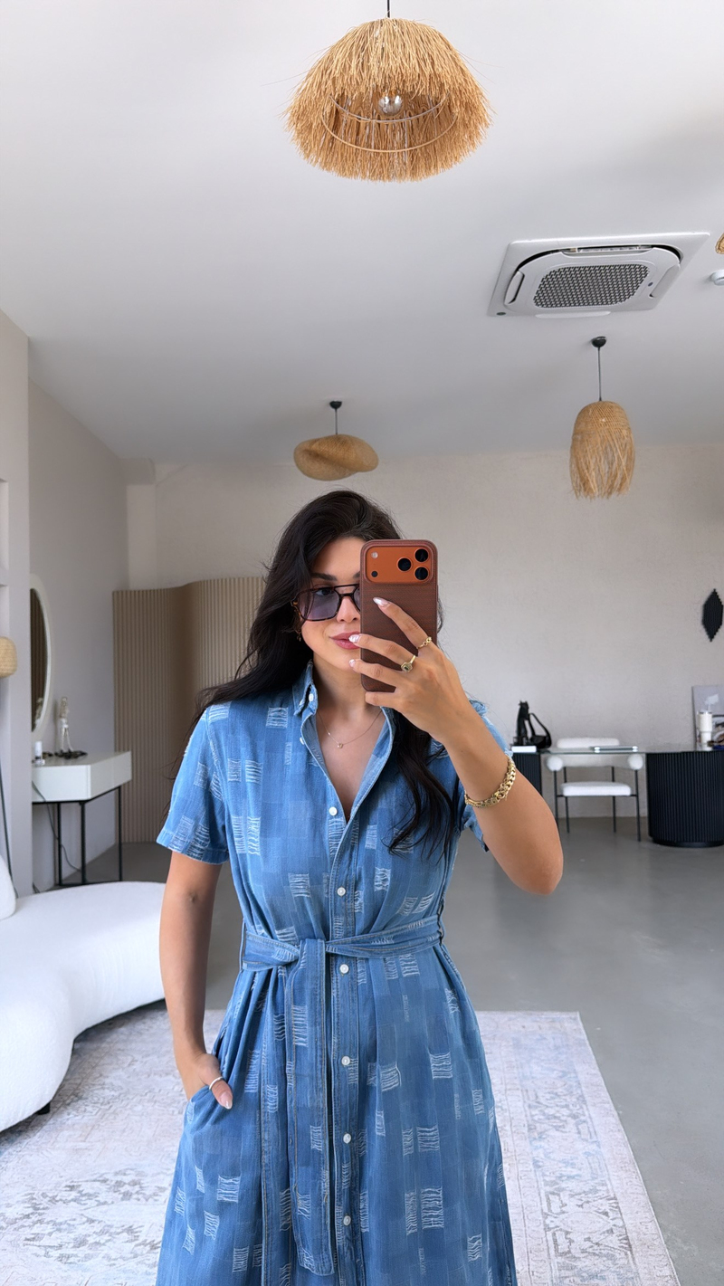 Denim Tensel Yıpratmalı Uzun Gömlek Elbise