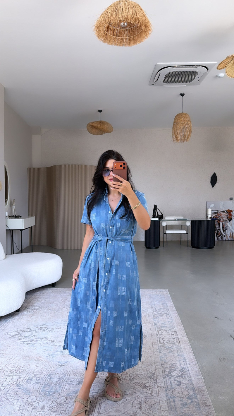 Denim Tensel Yıpratmalı Uzun Gömlek Elbise