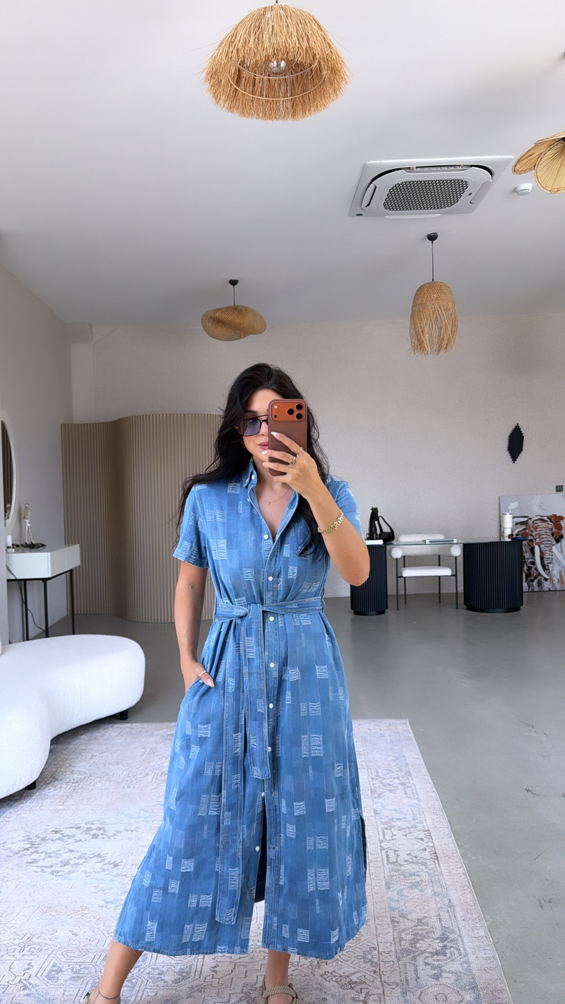 Denim Tensel Yıpratmalı Uzun Gömlek Elbise
