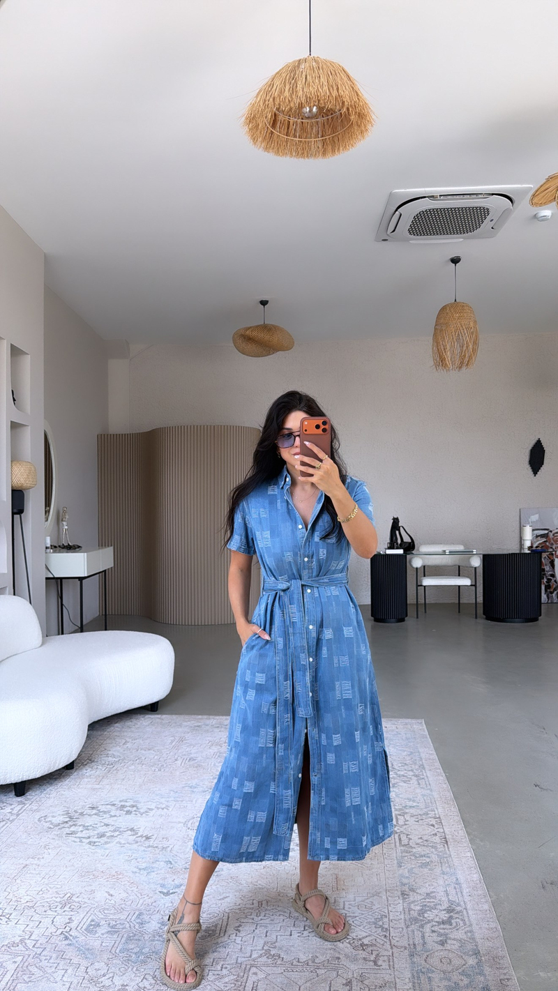 Denim Tensel Yıpratmalı Uzun Gömlek Elbise