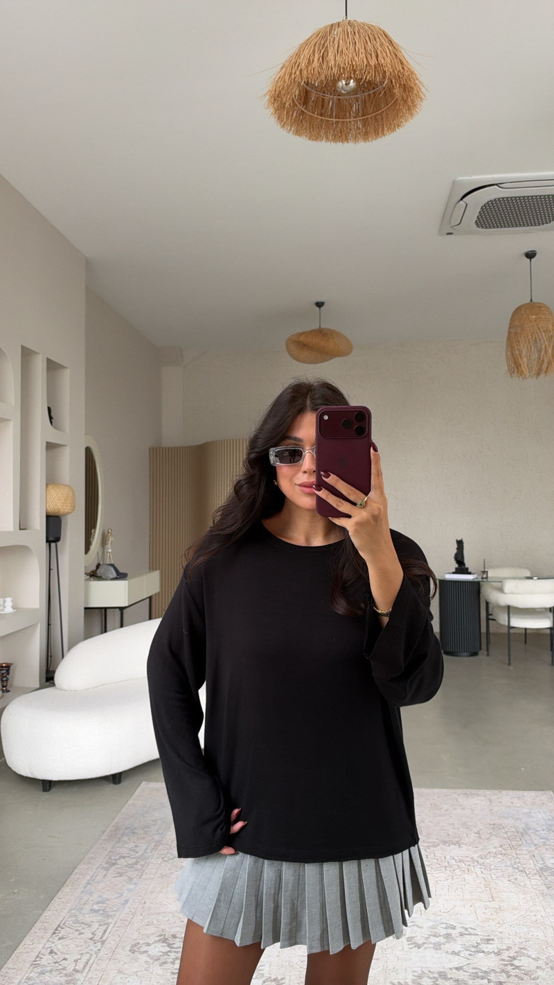 Düz Siyah Premium İnce Dökümlü Uzun Kollu Basic