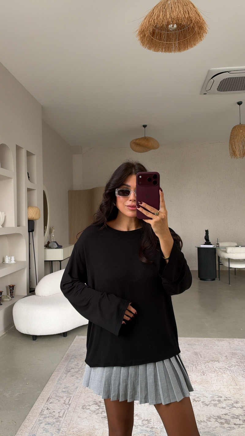 Düz Siyah Premium İnce Dökümlü Uzun Kollu Basic