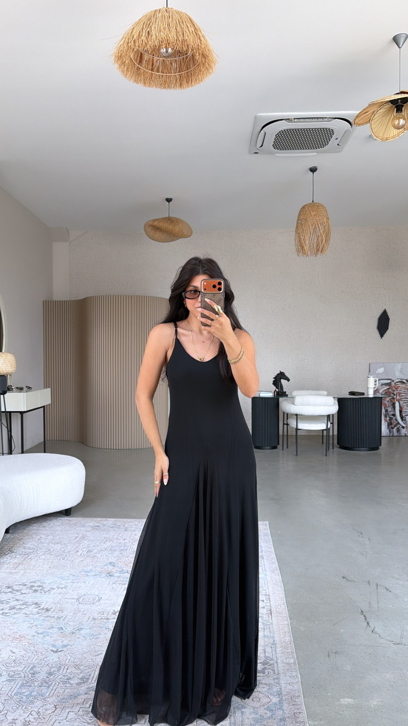 Düz Siyah Tül İçi Maxi Astarlı Dökümlü Elbise