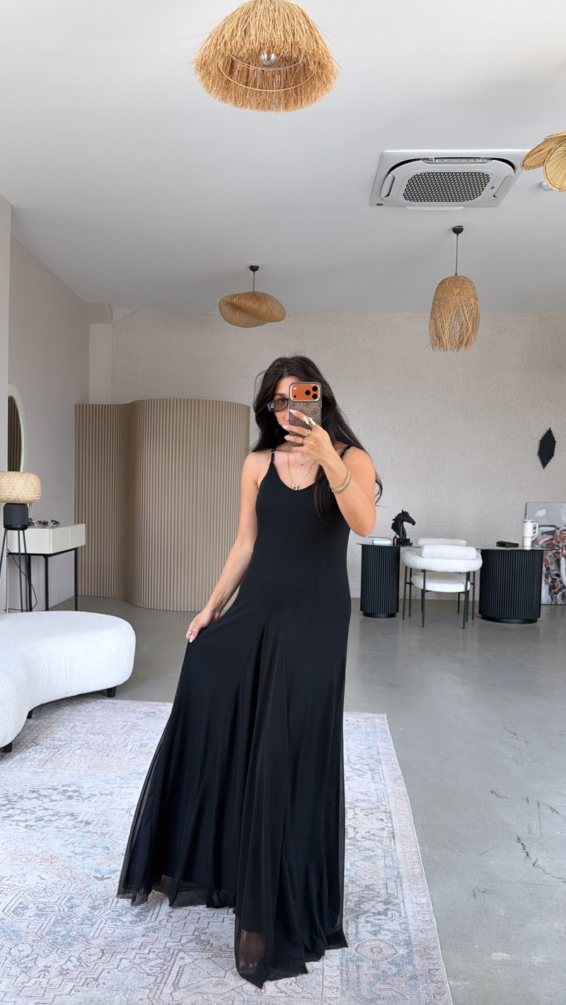 Düz Siyah Tül İçi Maxi Astarlı Dökümlü Elbise