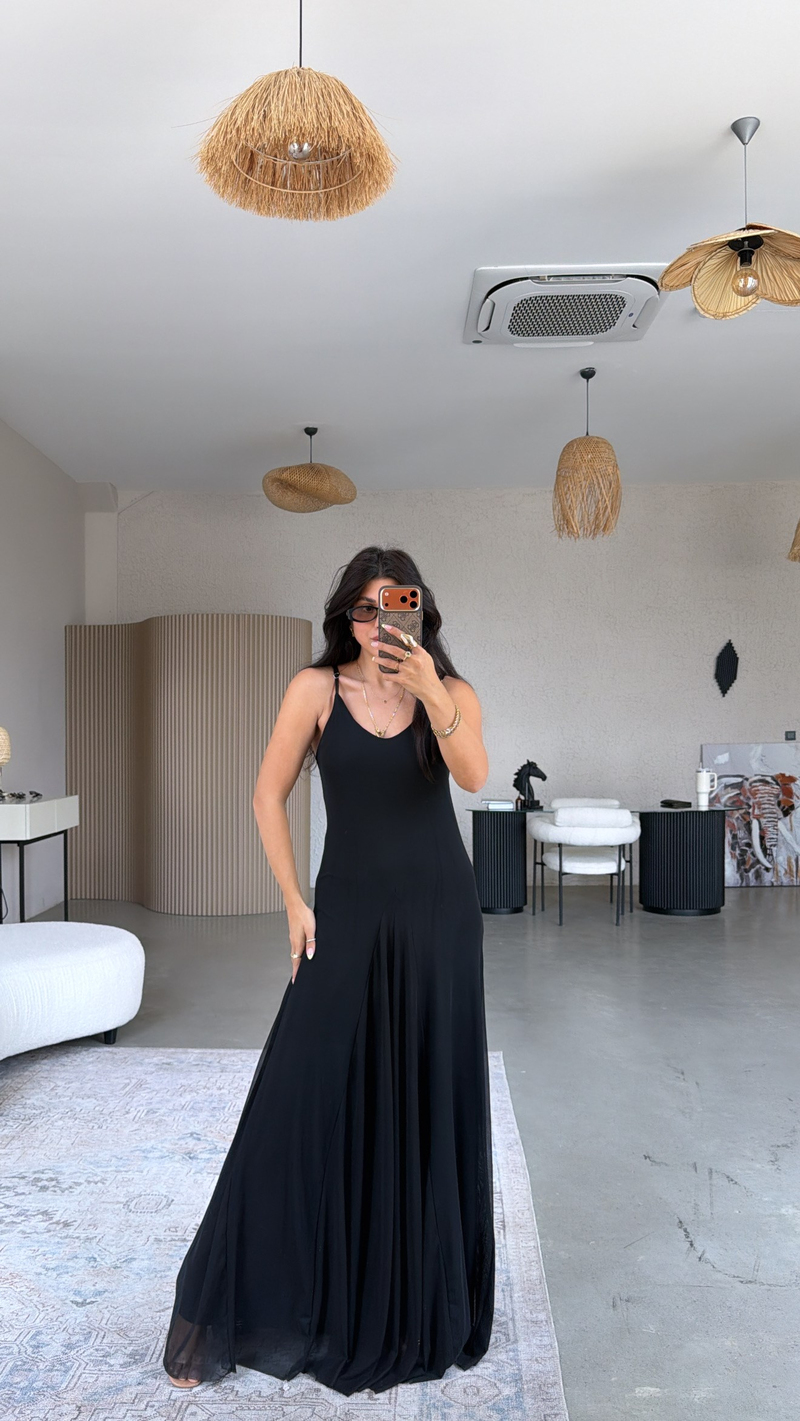 Düz Siyah Tül İçi Maxi Astarlı Dökümlü Elbise