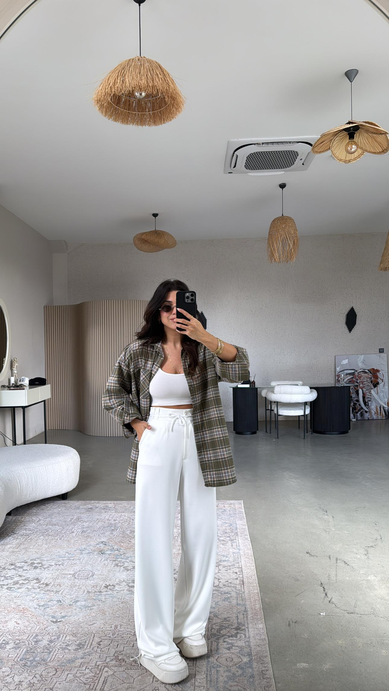 Ekru Beli İpli Modal Kumaş Rahat Pantolon