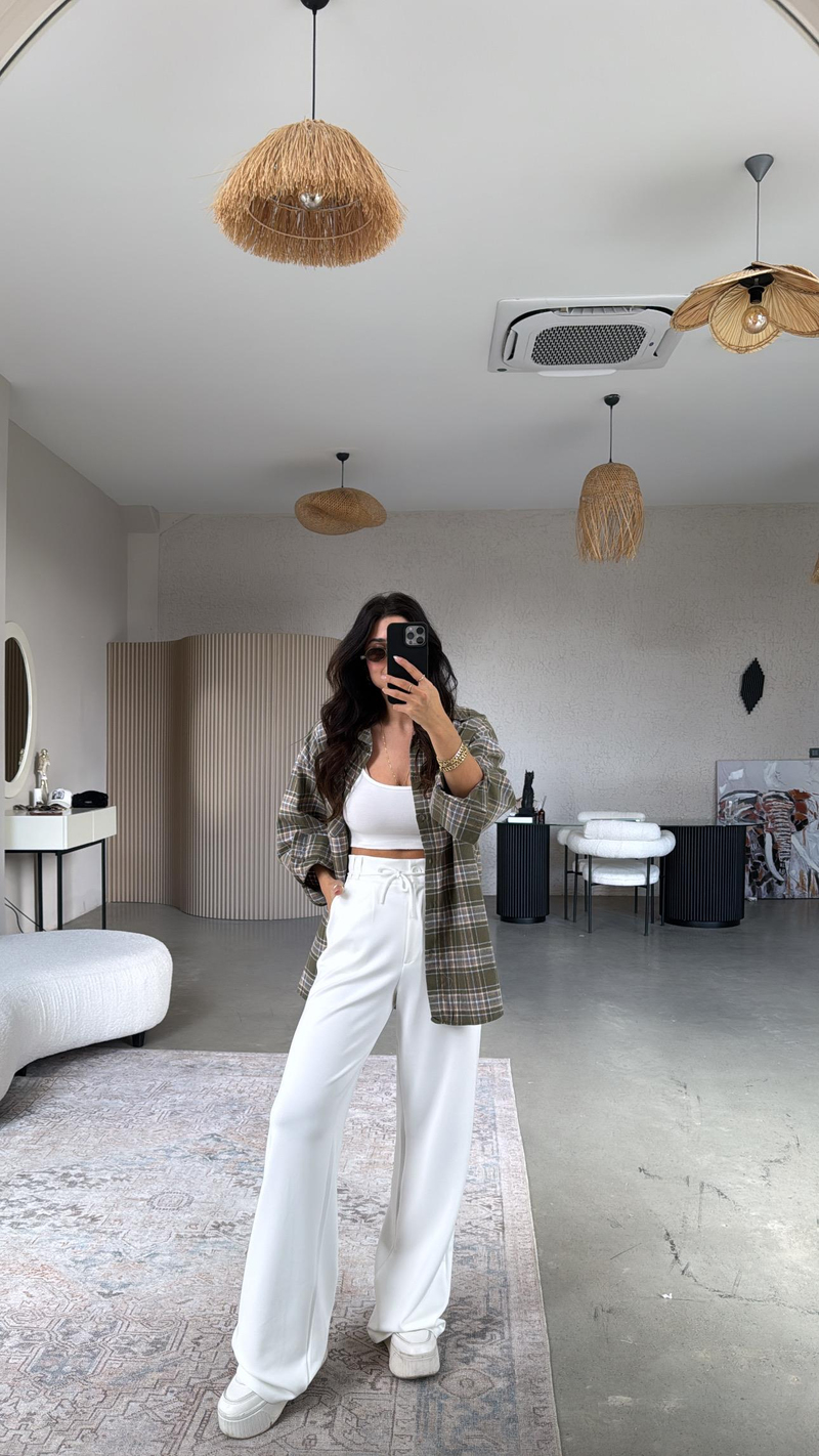 Ekru Beli İpli Modal Kumaş Rahat Pantolon