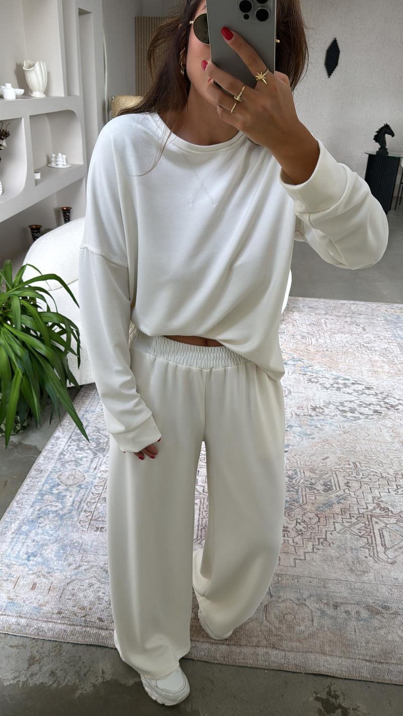 Ekru Bol Paça Sweatshirt Eşofman Takım