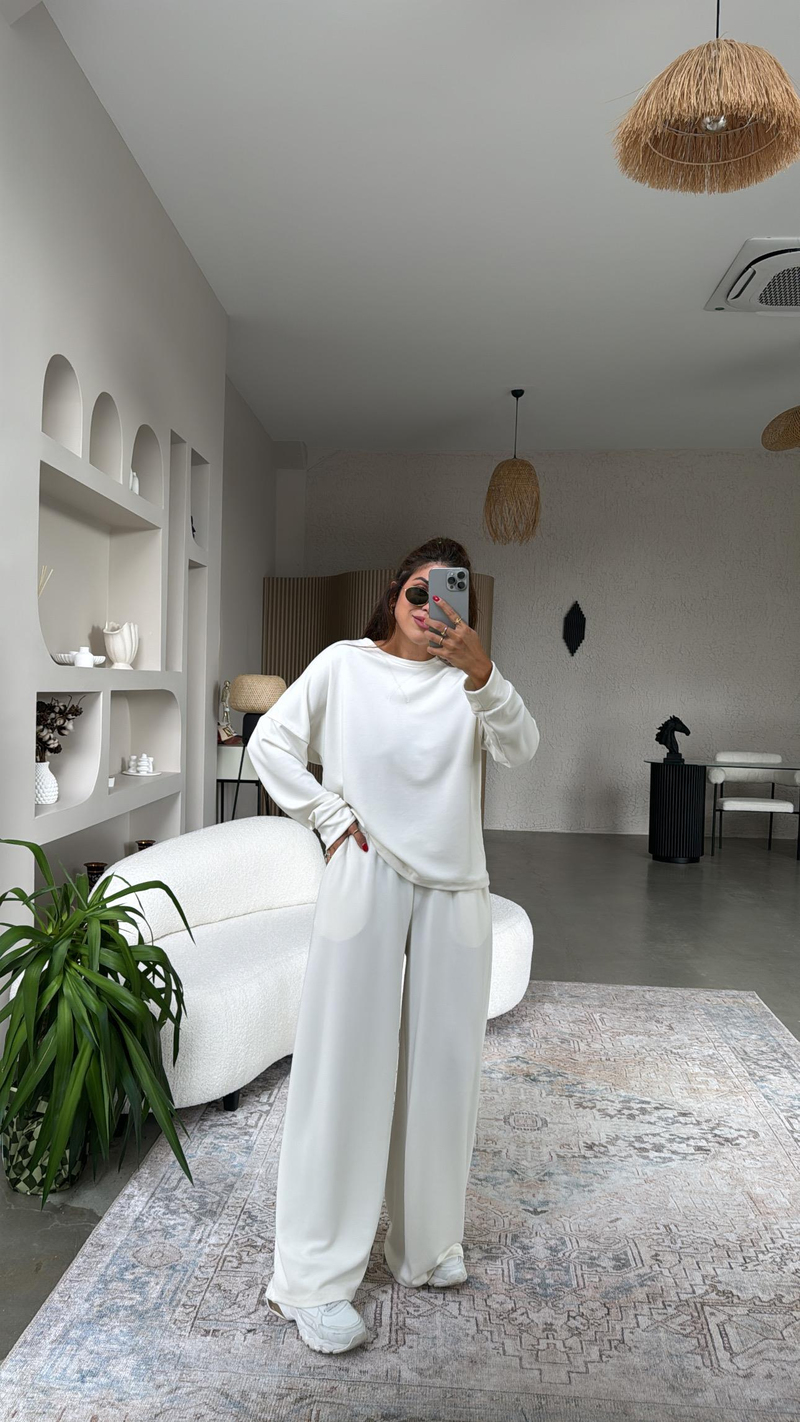 Ekru Bol Paça Sweatshirt Eşofman Takım