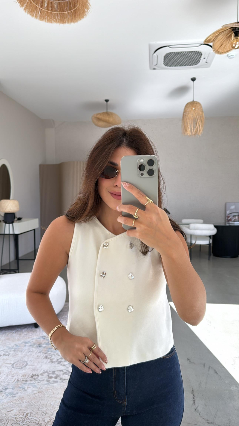 Ekru Çift Sıra Düğmeli Triko Yelek