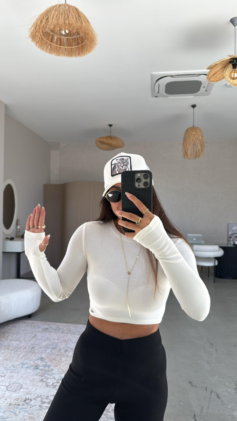 Ekru Crop Parmak Geçme Body