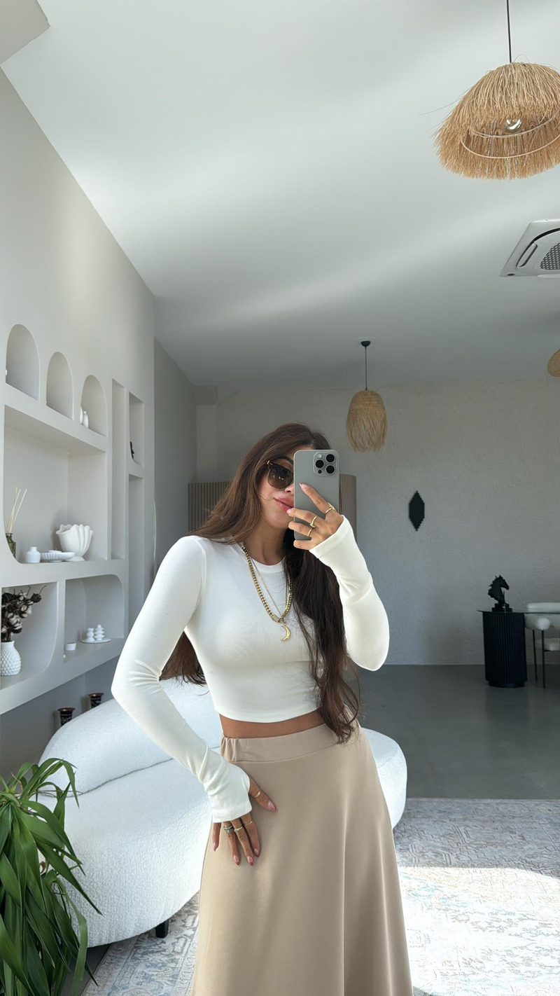 Ekru Crop Parmak Geçme İthal Body