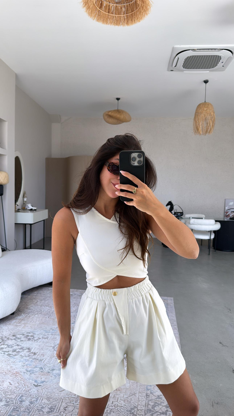 Ekru Denim Gold Detay Şort Çapraz Büstiyer Takım