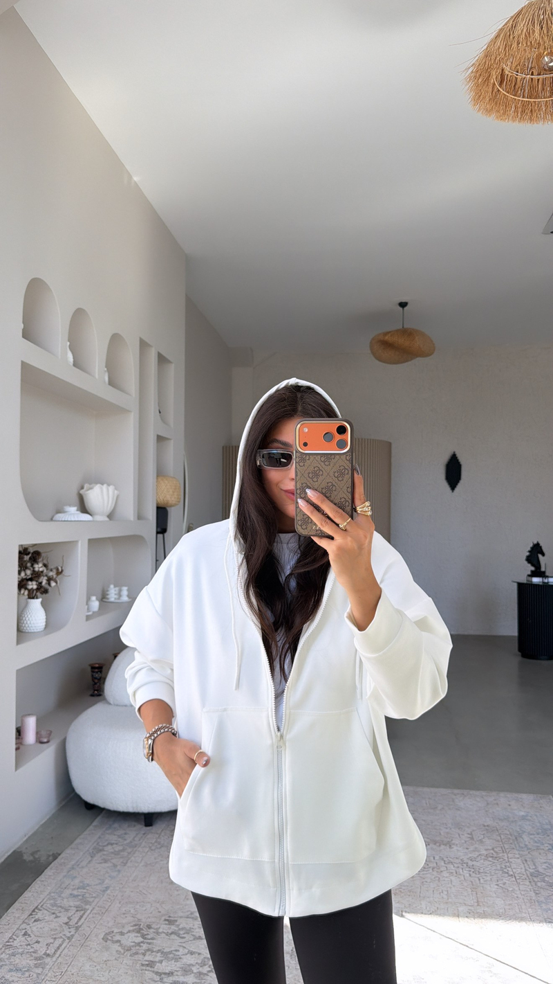 Ekru Fermuarlı Cepli Modal Hoodie