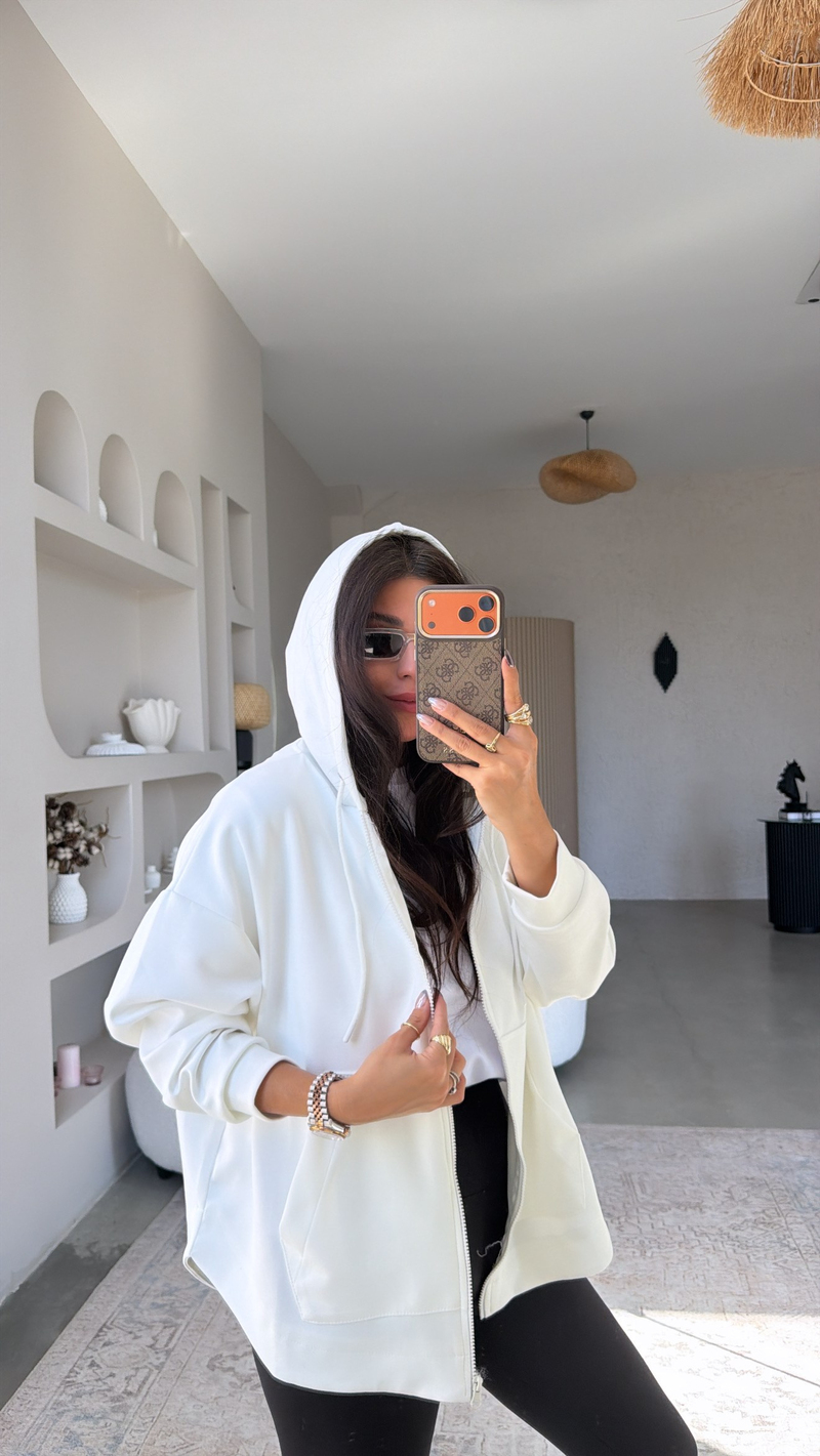 Ekru Fermuarlı Cepli Modal Hoodie