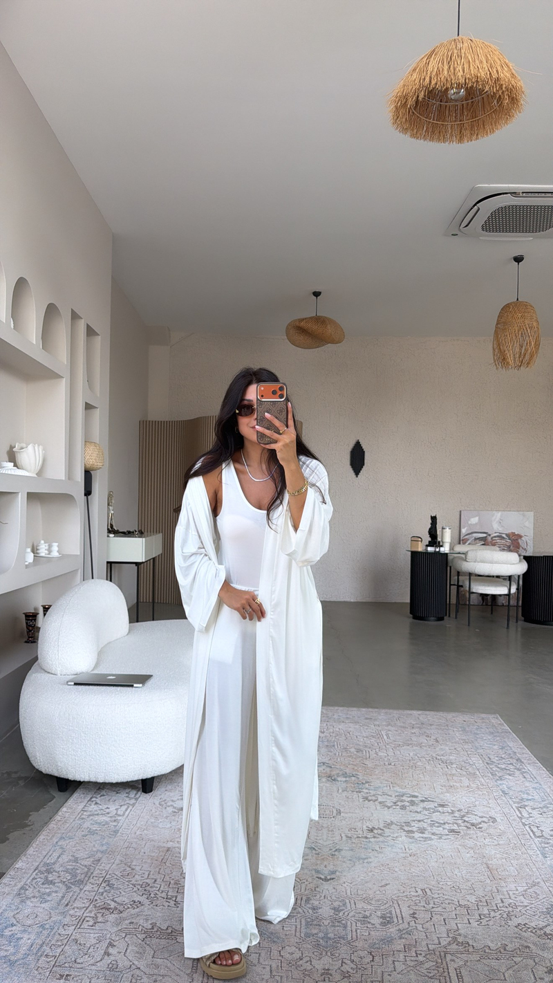 Ekru İnce Modal Üçlü Kimono Atlet Pantolon Takım