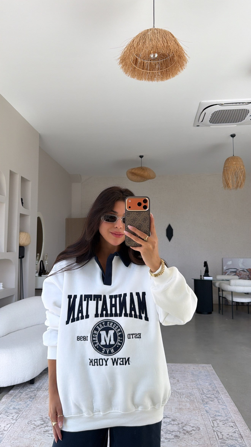 Ekru Kadife Yakalı Manhattan Nakışlı Şardonlu Sweatshirt