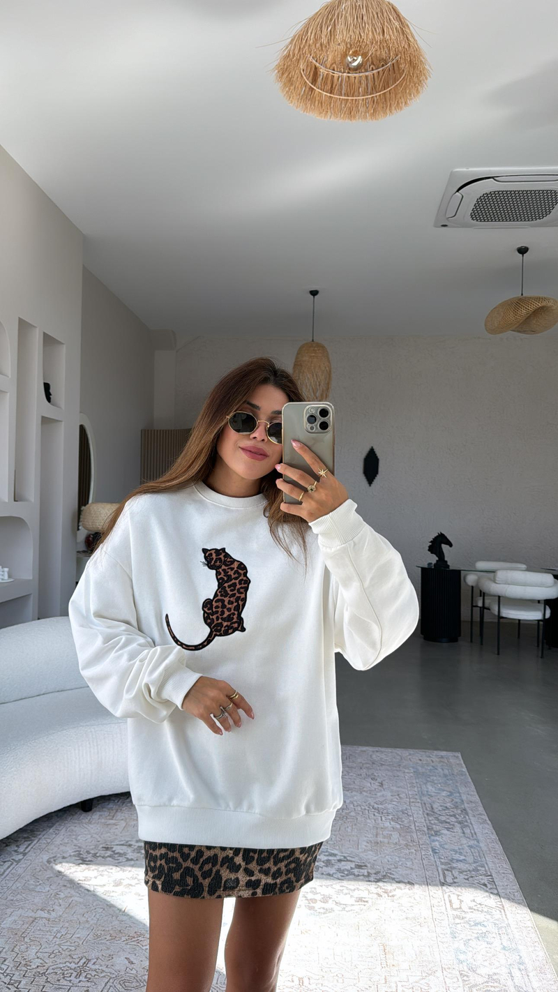 Ekru Kaplan Nakışlı İki İplik Sweatshirt