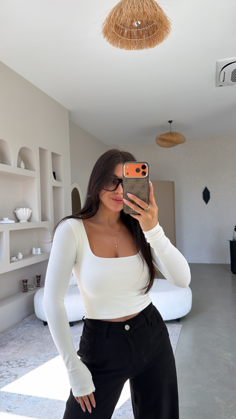 Ekru Kare Yaka Crop Pamuklu Uzun Kollu Basic