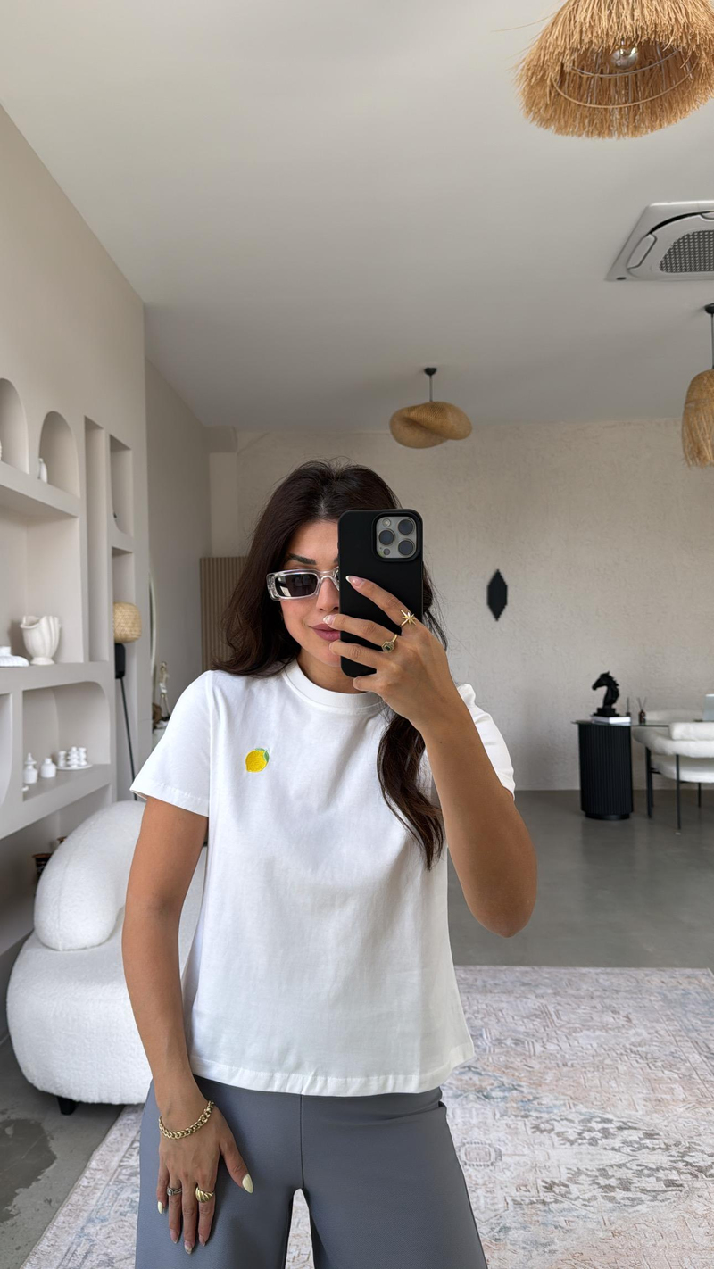 Ekru Limon Nakışlı Tshirt