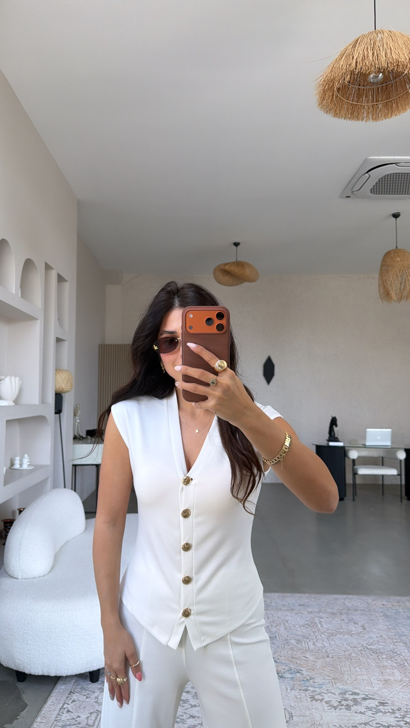 Ekru Modal Gold Düğmeli Yelekli Takım