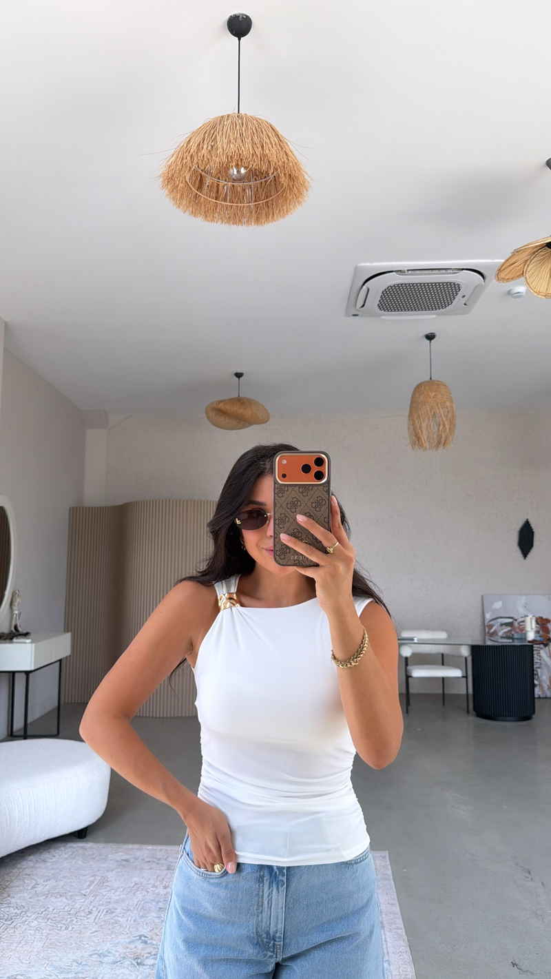 Ekru Omuz Aksesuarlı Polyamid Bluz